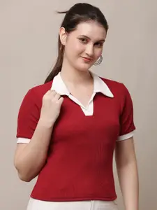 Raabta Fashion Women Ribbed Shirt Collar Fitted Top