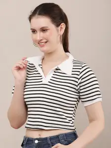 Raabta Fashion Women Horizontal Stripes Shirt Collar Monochrome Crop Top