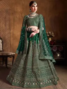 ODETTE Green Silk Blend Embroidered Semi-Stitched Lehenga For Women