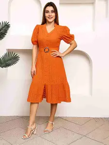 MARC LOUIS Women Embroidered Puff Sleeve Shirt Midi Dress