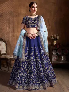 ODETTE Blue Embroidered Semi-Stitched lehenga For Women