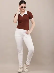 Raabta Fashion Women Colourblocked Ribbed Shirt Collar Top