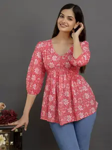 Dream Beauty Fashion Women Floral Print Puff Sleeve Peplum Top