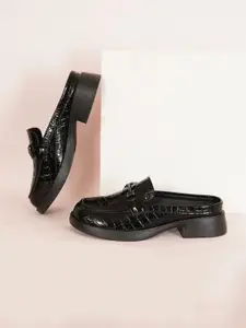 Sherrif Shoes Women Textured Block Heels Mules With Western Embellished