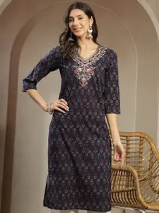Sangria Women Ethnic Motifs Print Thread Work & Sequined Pure Cotton Straight Kurta
