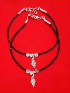 HIGH TRENDZ Set Of 2 Silver-Plated Artificial Beaded Anklet