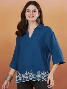 MOKOSH Floral Embroidered Shirt Collar Straight Short Kurta