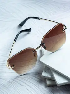 Leeway Women Gold Toned Rectangle Sunglasses With UV Protected Lens LW-2007-2