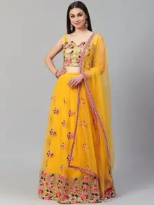 ODETTE Women Yellow Net Embroidered Semi Stitched lehenga