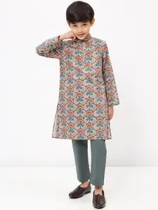 SPUNKIES Boys Floral Mandarin Collar Pure Cotton Kurta With Pyjama