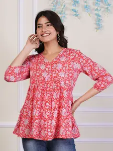 Dream Beauty Fashion Women Floral Print Gathered or Pleated Peplum Top-55-mahi-peach