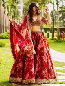 ODETTE Embroidered Thread Work Semi-Stitched Lehenga & Unstitched Blouse With Dupatta