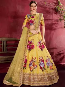 ODETTE Printed Thread Work Semi-Stitched Lehenga & Unstitched Blouse With Dupatta
