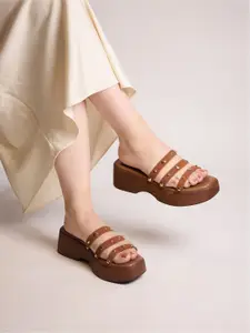 CAI Women Gold Stud Strap Tan Wedge