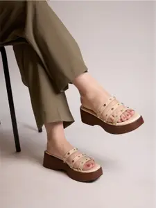 CAI Gold Stud Strap Cream Platform Heel Sandals