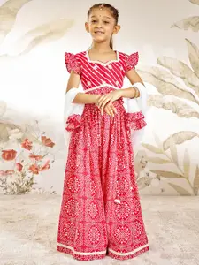 VASTRAMAY Girls Embroidered Cotton Thread Work Ready to Wear Lehenga & Blouse With Dupatta