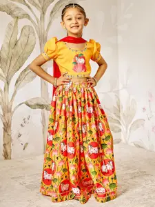VASTRAMAY Girls Cow & Lotus Printed Ready to Wear Lehenga & Blouse With Dupatta