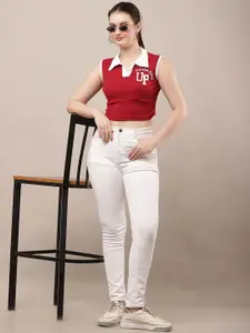 Raabta Fashion Women Shirt Collar Typography Printed Crop Top