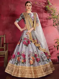 ODETTE Printed Thread Work Semi-Stitched Lehenga & Unstitched Blouse With Dupatta