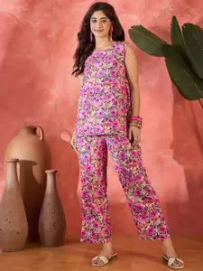 Sangria Floral Printed Sleeveless Top With Trouser Co-Ords
