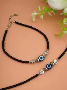 HIGH TRENDZ Silver-Plated Artificial Beaded Evil Eye Anklets