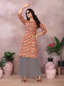 Rangita Women Round Neck Ethnic Motifs Printed Straight Cotton Kurta