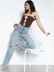 FREAKINS Women Sky Blue Distressed Straight Jeans