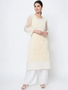 PARAMOUNT CHIKAN Floral Embroidered Notch Neck Chikankari Georgette Straight Kurta