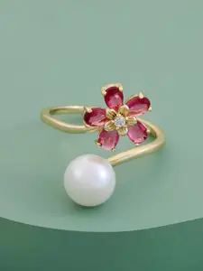 Kushal's Fashion Jewellery Gold-Plated Zircon-Studded & Beaded Finger Ring