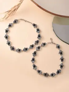 HIGH TRENDZ Silver-Plated Artificial Stones Studded & Beaded Anklets