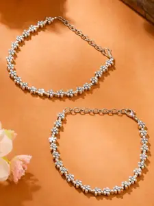 HIGH TRENDZ Set Of 2 Silver-Plated Artificial Stone Studded Floral Anklets