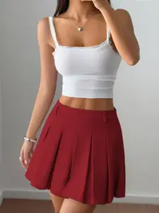 Outzidr Pleated Waist Band Flared Mini Skirt