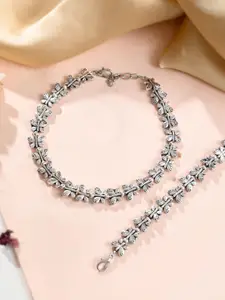 HIGH TRENDZ Set Of 2 Silver-Plated Artificial Beaded Anklets