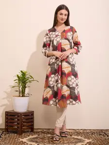 FASHOR Abstract Printed V-Neck A-Line Pleated Pure Cotton Kurta