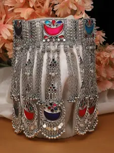 Moedbuille Silver-Plated Artificial Stones Studded And Beaded Meenakari Oxidised Necklace