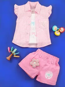 Babys Day Girls Checked Short Sleeves Pure Cotton Shirt and T-shirt With Shorts