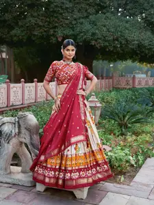 JULEE Geometric Printed Tusser Silk Ready to Wear Lehenga & Unstitched Blouse With Dupatta