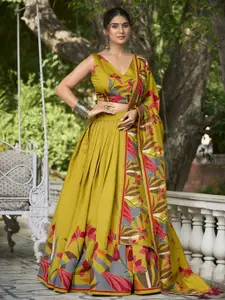 JULEE Floral Printed Tusser Silk Ready to Wear Lehenga & Unstitched Blouse With Dupatta