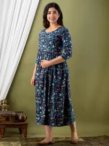 FASHION CLOUD Women Blue Color Floral Printed Pure Cotton Maternity A-Line Kurti
