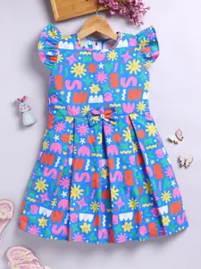 Toonyport Girls Printed Flutter Sleeve Fit & Flare Dress