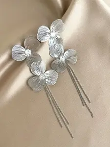 KRENOZ Silver Plated Artificial Stones Studded Triple Petal Floral Drop Earrings