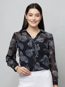 PURYS Smart Floral Printed Semi Sheer Spread Collar Casual Shirt