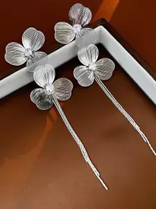 KRENOZ Silver Plated Artificial Stones Studded Floral Drop Tasselled Earrings