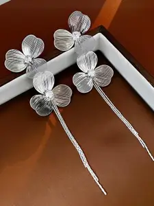 VAGHBHATT Women Silver-Plated Triple Petal Alloy Floral Drop Earrings With Chain Tassels
