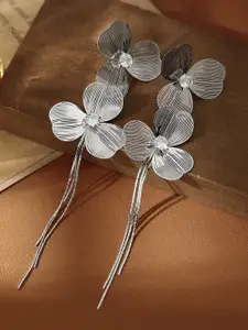 KRENOZ Silver Plated Artificial Stones Studded Triple Petal Floral Drop Earrings