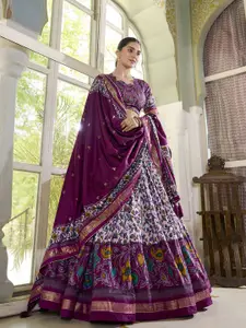 Aika Floral Printed Ready To Wear Tusser Silk Lehenga & Unstitched Blouse With Dupatta