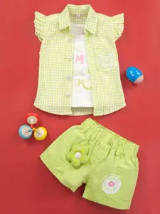Babys Day Girls Checked Short Sleeves Pure Cotton T-shirt and Shirt with Shorts