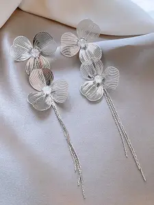 VAGHBHATT Women Silver Triple Petal Alloy Floral Drop Earrings With Chain Tassels