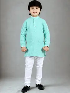 Sangria Boys Floral Embroidered Band Collar Thread Work Straight Kurta And Pyjamas