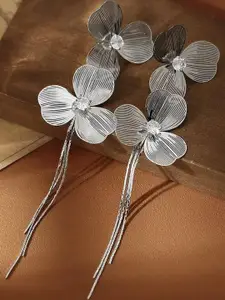 VAGHBHATT Silver Triple Petal Floral Drop Chain Tassels Earrings